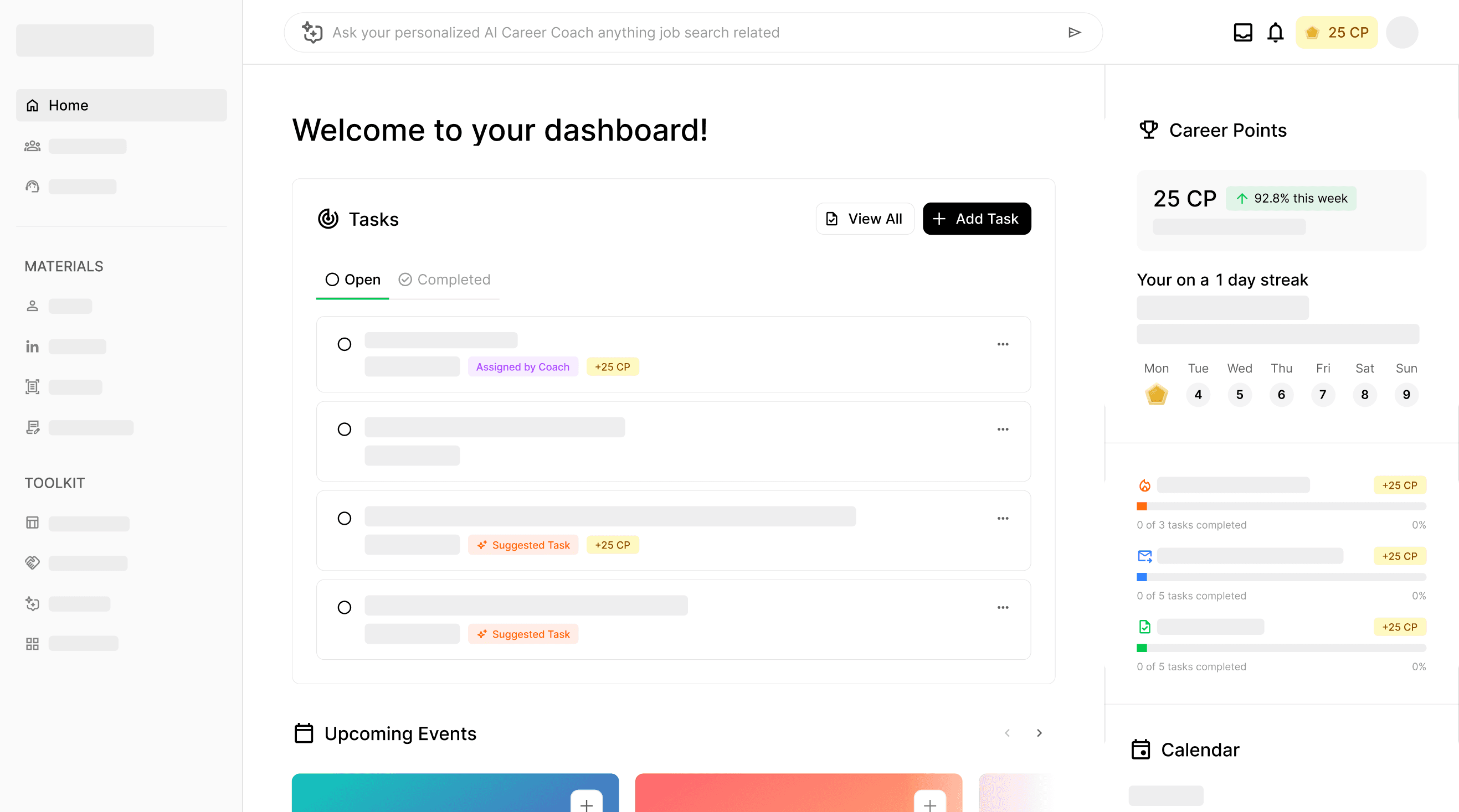 Prentus student dashboard showing task tracking, career points, and upcoming events