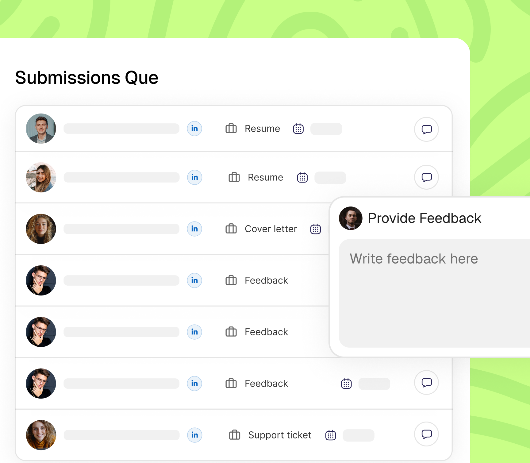 Centralized grading queue showing resume, cover letter, and LinkedIn submissions