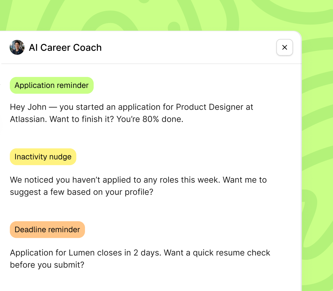 AI Career Agent sending proactive follow-up nudges and drafted emails to students