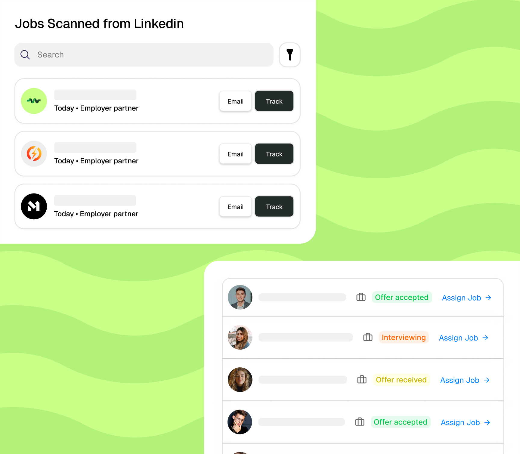 Job management showing imported roles, student assignments, and application tracking